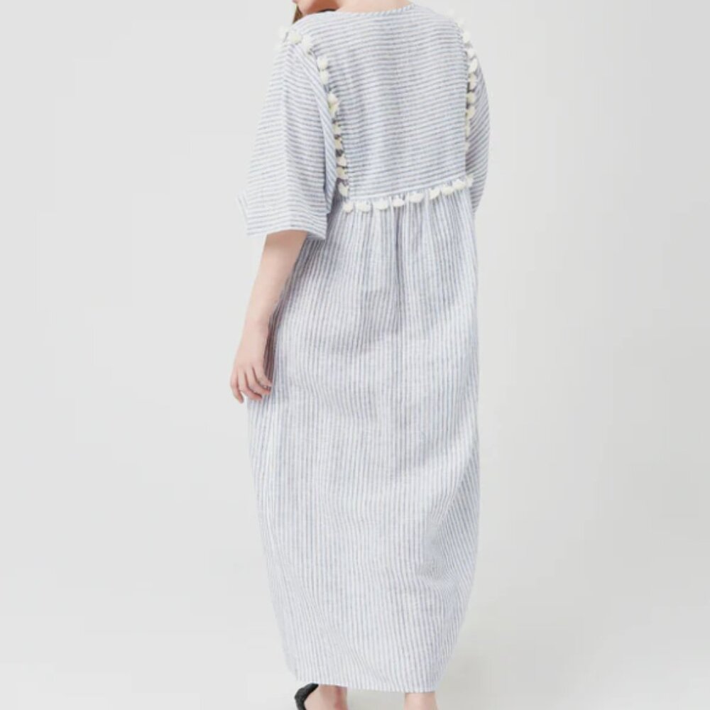 Tory Burch Women's XS Striped Tassel Midi Caftan MSRP $328 Dress In Ivory Blue - Picture 2 of 14